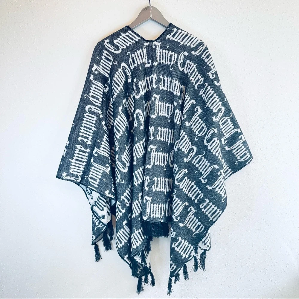 Juicy Couture Women’s Warm Tassels Black/Ivory Scarf Wrap Poncho OS NWT